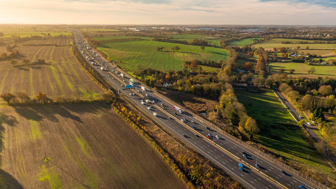 drone photo of the M1 Motorway in the UK