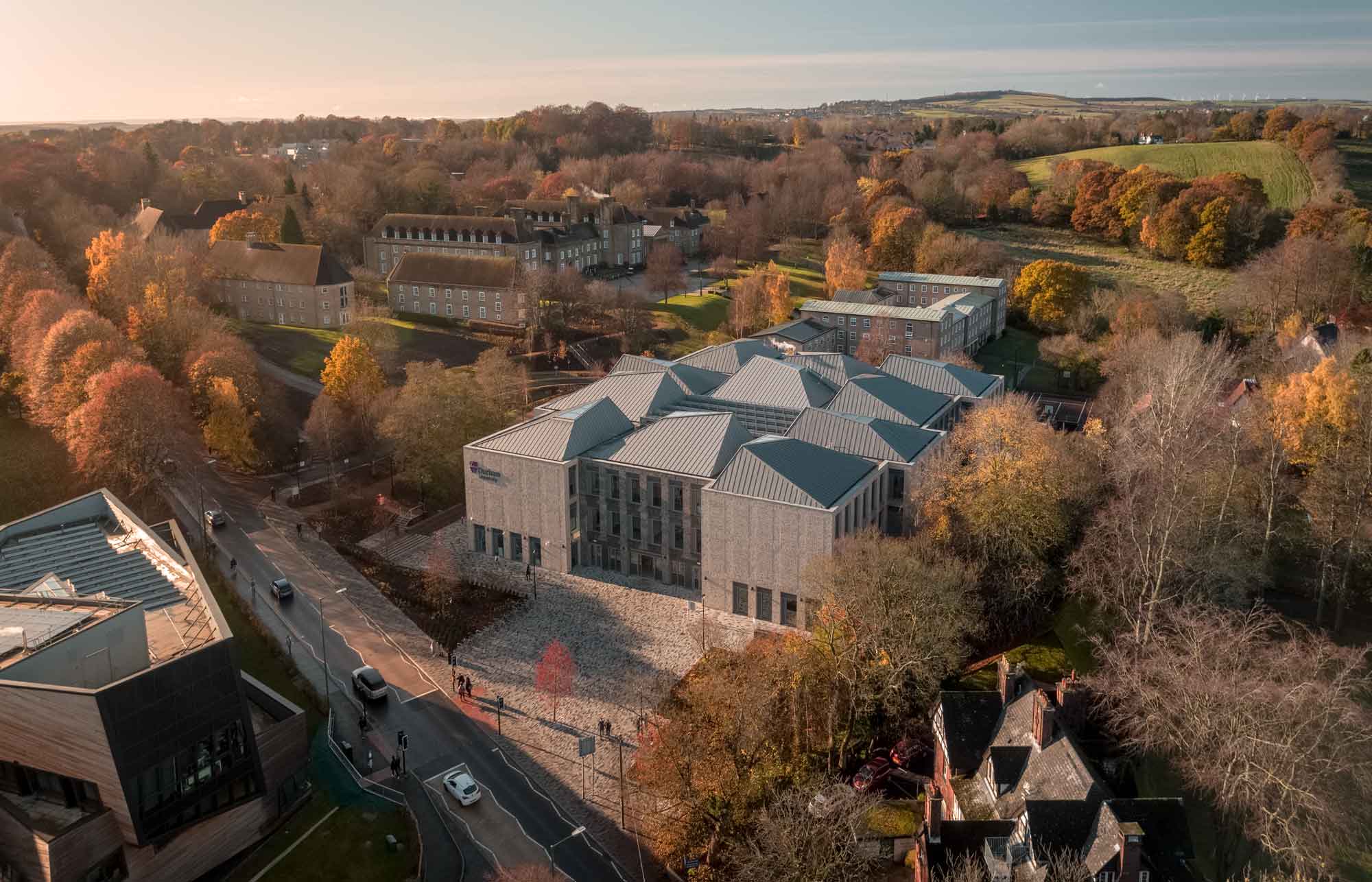 Aerial architectural view of a building from a drone