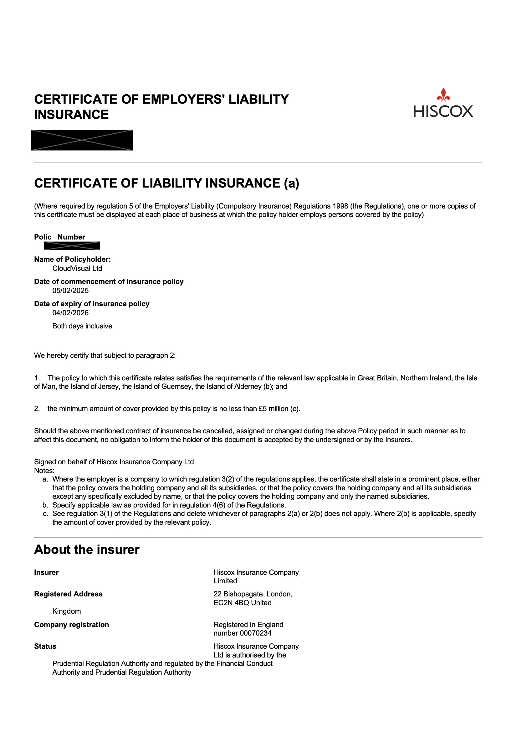 Employer's Liability Insurance Certificate