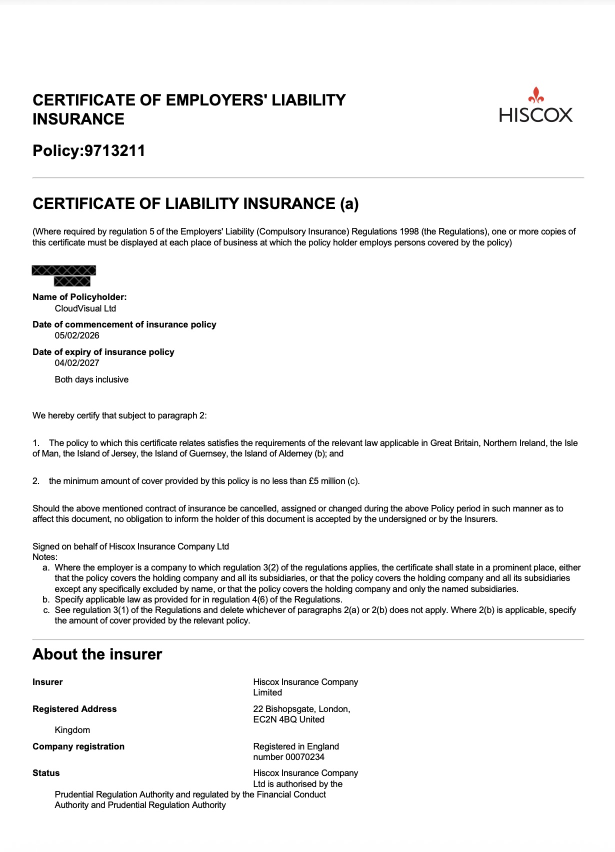 Employer's Liability Insurance Certificate