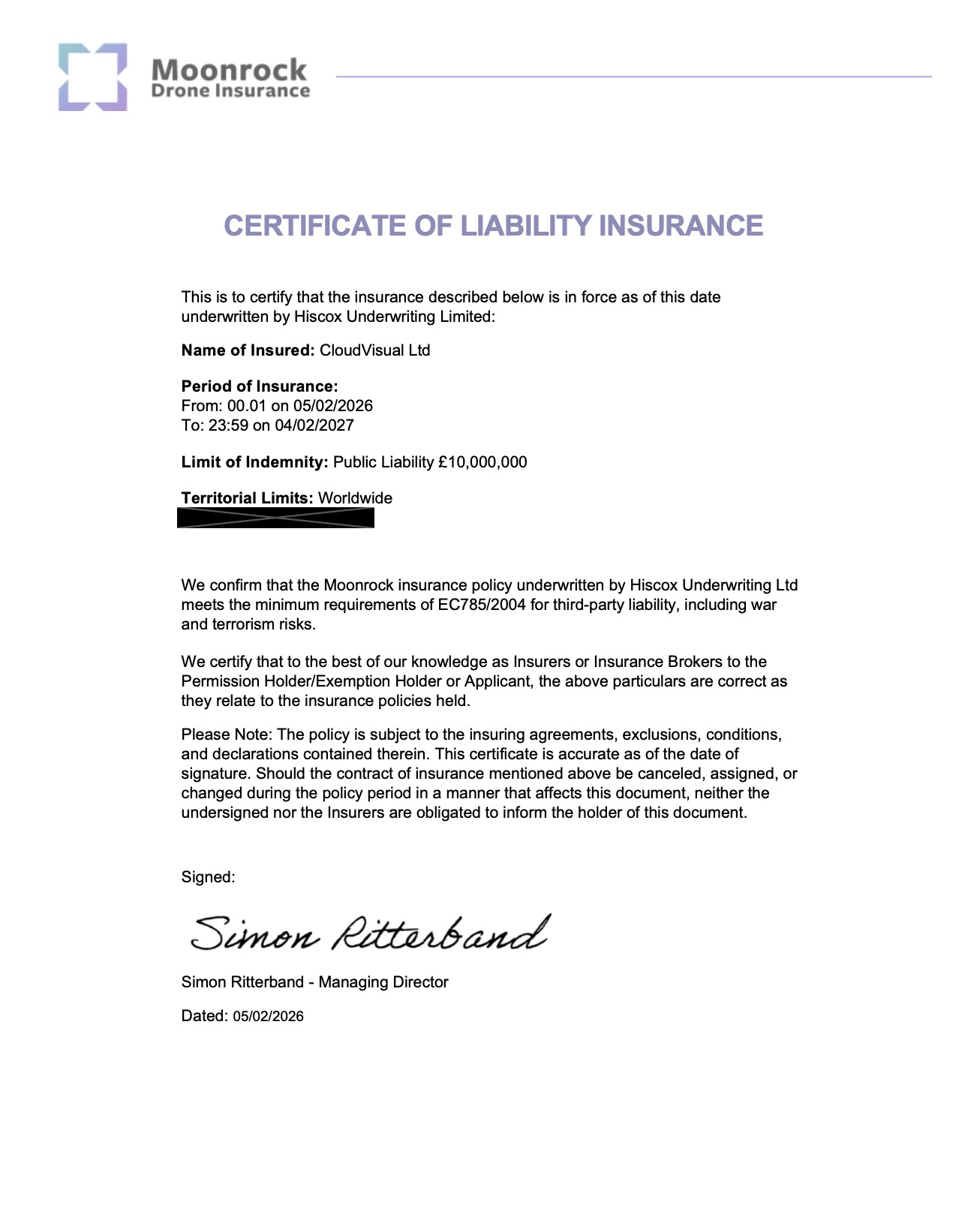 Public Liability Insurance Certificate