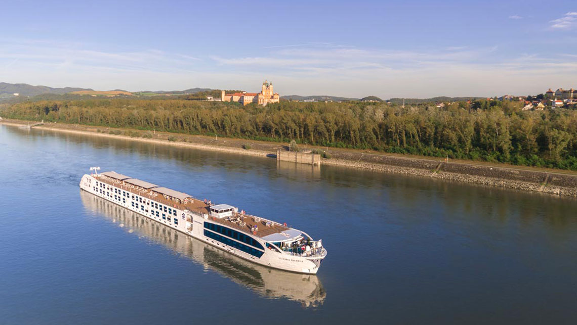 Aerial view of a riverboat cruise